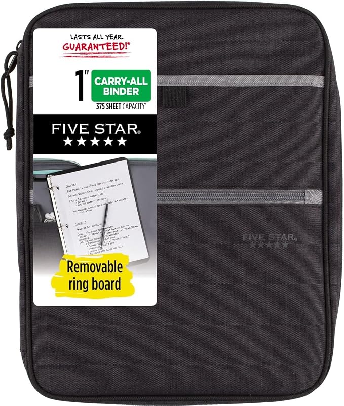 Five Star Zipper Binder, 1 Inch 3-Ring Binder with Round Rings, Carry-All with Pockets and 4-Tab Dividers, 375 Sheet Capacity, Black/Gray (29092IT8) (Pack of 8)