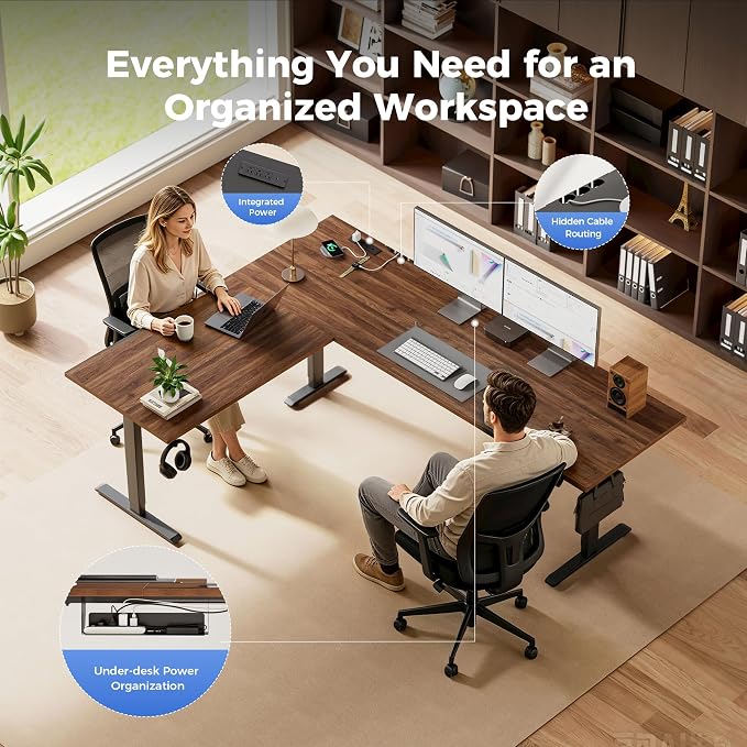 Agilestic 63 x 48 Inch L Shaped Standing Desk with Powerstrip, Dark Walnut | Outlets, Cable Management, Corner Desk, Ample Workspace, Memory Presets, Hooks, Stable Steel Frame,176 lbs, Splice Board