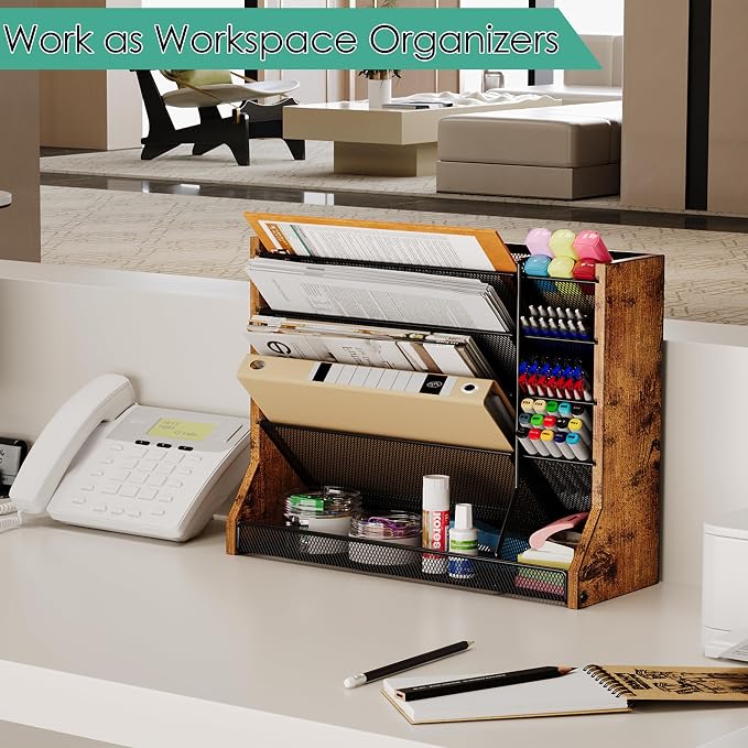 Jakyitvi 5 Tiers Ironwood Wall Desk File Holder Organizer Organizer, Brown | Adjustable mesh dividers, space saving hanging desk rack, stable R-shaped bottom base tray, multi functional office mailbox