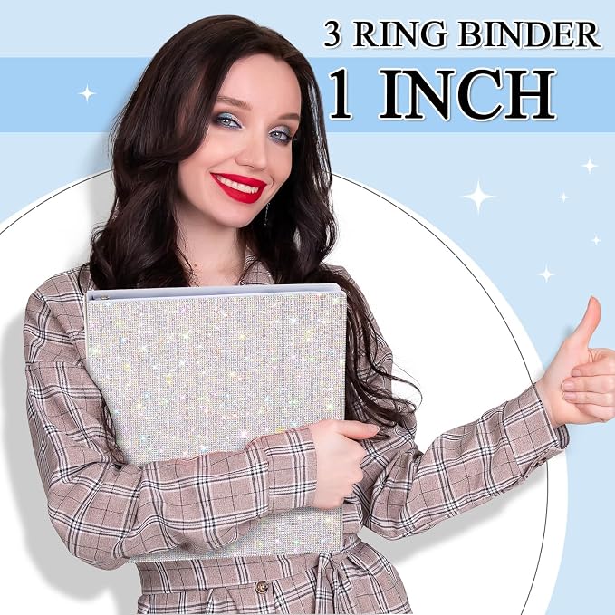 Bling 3 Ring Binder Silver Rhinestone Glitter 1 Inch Binder Organizer with 2 Interior Pockets 8.5'' x 11'' Women Gift for Christmas Home Office School Use