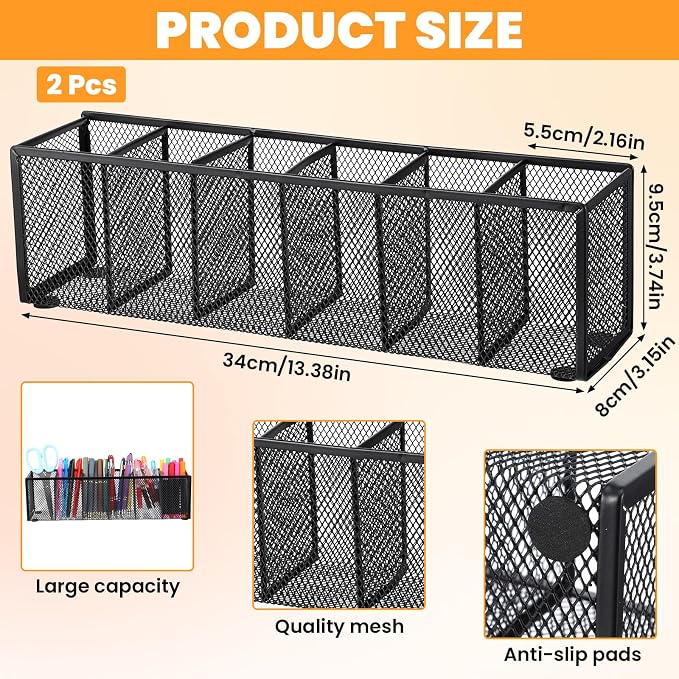 2 Pcs Mesh Desk Organizer Metal Mesh Pen Holder 6 Compartments Desktop Stationery Pencil Caddy Organizer Basket for Home School Classroom Teachers