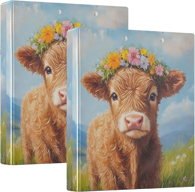 Highland Cow Round Ring Binders 1.5 Inch Cowboy Flower 3 Ring Clipboard Binder for Office School Work Supplies File Folder Document 200 Sheet Capacity Easy Open