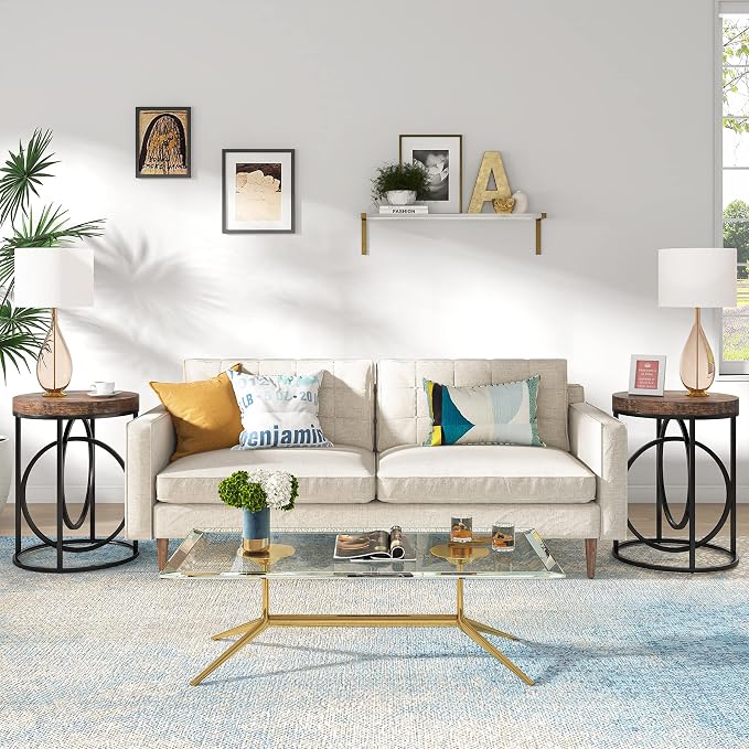 LITTLE TREE 20” Round End Table with Thick Wood Top，Modern Sofa Side Table with Gold O-Shaped Base, Midcentury Accent Table Cocktail Table Nightstand for Living Room Bedroom
