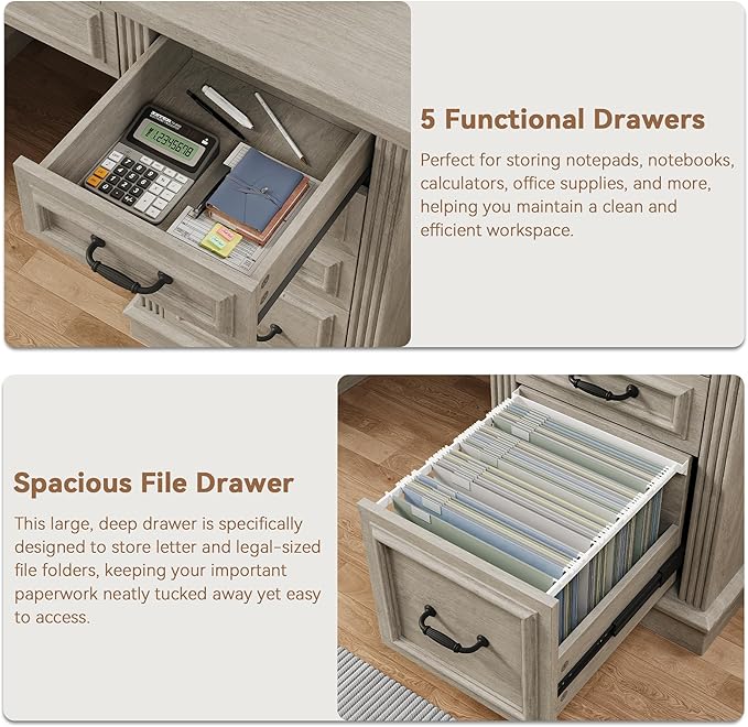 Farmhouse L Shaped Executive Desk with 4 Drawers, Home Office Desk with Hidden Under-Desk Storage Shelf and Charging Station, File Cabinet Storage, Wood Corner Computer Desk for Work and Study(Grey)