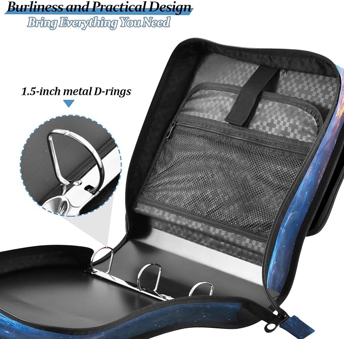 3 Ring Zipper Binder Galaxy Binder Organizer Portfolio with File and Shoulder Strap & Handle Large Capacity File Folder