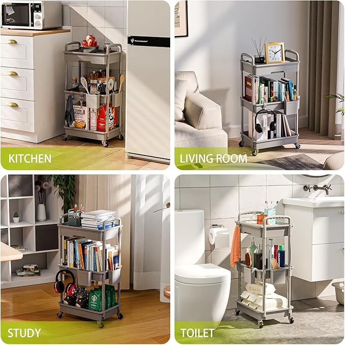Sorgion 3 Tier Rolling Cart Organizer,Laundry Room Bathroom Organizers and Storage Office Shelves Mobile Shelving Unit Kitchen Trolley Cart with Wheels for Art,Craft,Diaper,Bedside,Snack(Grey)