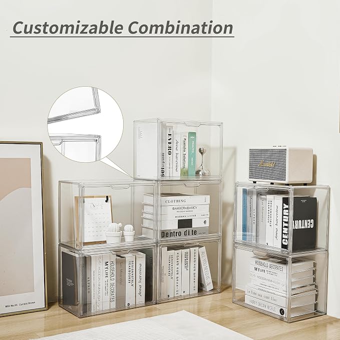 Stackable Acrylic Storage Cubes Book Case Display Case Box Book Containers | Interlocking Stable Structure & Magnetic Dustproof Door, Freely Arranged,Organizer for Books & Collectibles