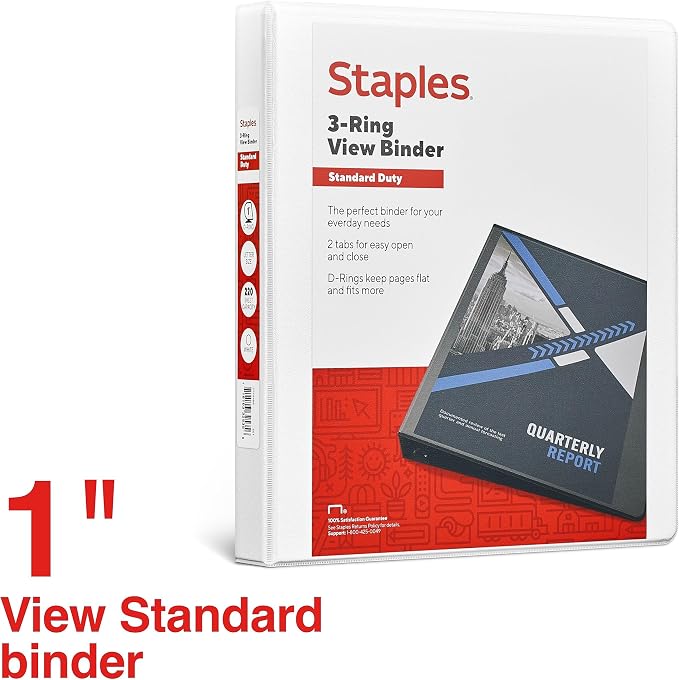 Staples 1" 3-Ring View Binder, D-Ring, White, 4/Pack