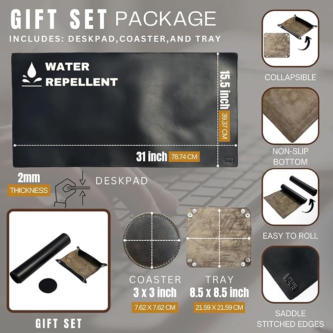 Leather Desk Mat Set (32x16) - Full Grain Large Computer Gaming Mouse Pad | Non-Slip, Table Cover Blotter Protector, Smooth Control, Stitched Edges, Desktop Laptop Accessory with Valet Tray & Coaster