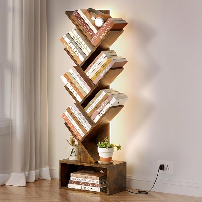 Hoctieon 6 Tier Tree Bookshelf, Tall Bookcase, Freestanding Book Shelf with LED Lights, Display Floor Standing Storage Shelf, Book Organizer Shelves for Home Office, Living Room, Rustic Brown