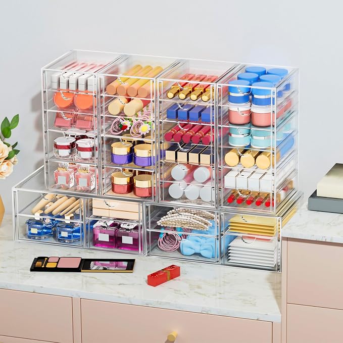6-Pack 30-Drawer Acrylic Storage & Makeup Organizer for Desk | Smooth-glide drawers, clear body, dustproof, for office supplies, pens, stationery, jewelry, cosmetics, craft bits