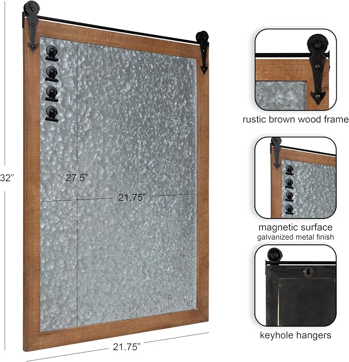 Kate and Laurel Cates Modern Farmhouse Barn Door Wood Framed Galvanized Metal Magnetic Memo Board, Rustic Brown