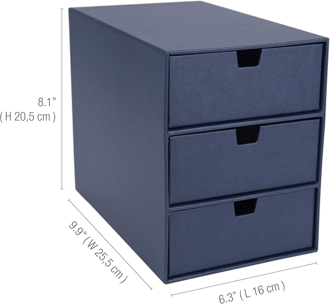 Bigso Box of Sweden Ingrid 3-Drawer Fiberboard Desk Organizer for Office Supplies & Accessories - Stackable Makeup Drawer Organizer - 6.3in x 9.9in x 8.1in - Blue