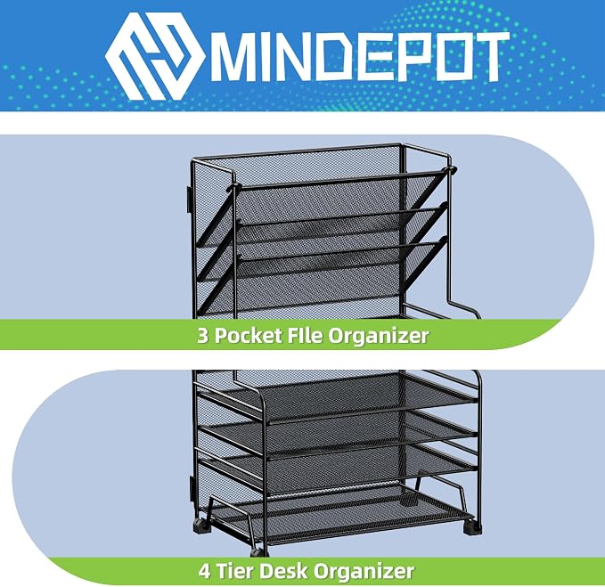 MINDEPOT 4-Tier Paper Organizer + 3-Pocket File Holder + Drawer + Pen Holders, Desktop File Organizers Paper Tray for Office Supplies School Classroom Organization (Black, No Drawer & Pen Holder)