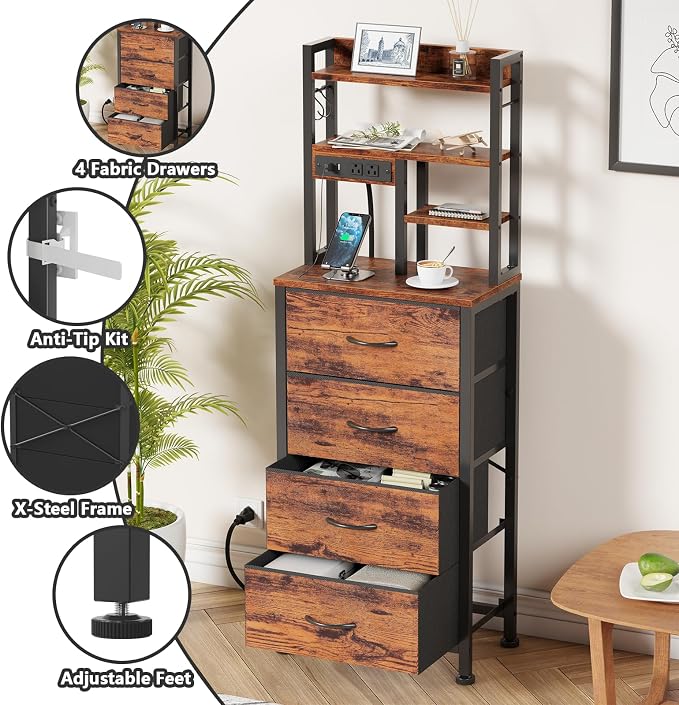 Night Stand Set 2, LED Nightstand with Charging Station | 4 Fabric Drawers and 4 Tier Storage Shelf, Bedside End Table for Bedroom, Dorm, Office, Rustic Brown