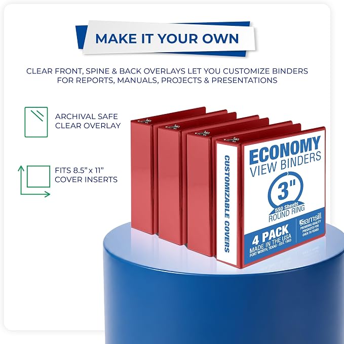 Samsill 3 Inch 3 Ring Binders, Economy Round Ring, Clear View Cover, 550 Sheet Capacity - for School, Home, Office - Red, 4 Pack
