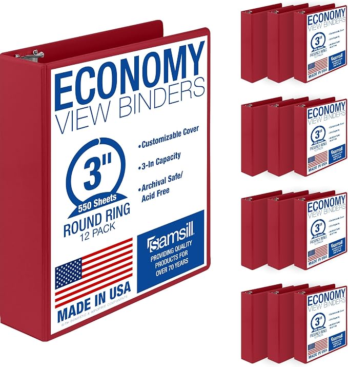 Samsill 3 Inch 3 Ring Binders, Economy Round Ring, Clear View Cover, 550 Sheet Capacity - for School, Home, Office - Red, 12 Pack