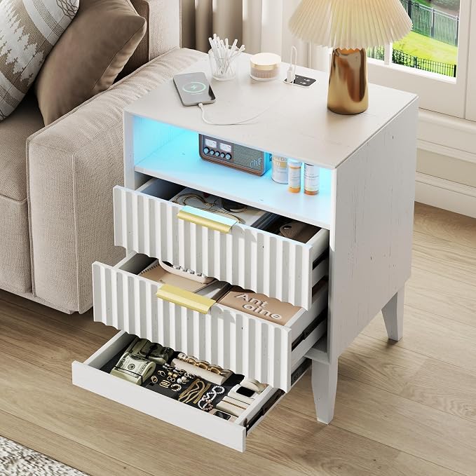 24“ W Fluted LED Nightstand with Charging Station, RFID Lock, White | Bedside Table with Hidden Drawer, 2 Drawers, Open Cubby, Motion Sensor, USB and Type-C Ports, Night Stand for Bedroom