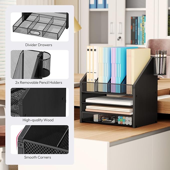 SWTYMIKI Desk Organizer with Drawers - Mesh and Wood Desk File Organizer with Pen Holders, 4-Tier Paper Organizer for Office Organizer and Accessorie, School and Home Storage, Black