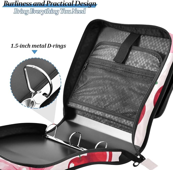 Cherries Bows Pattern Zipper Binder 3 Ring Binder with Shoulder Strap 500 Sheet Capacity Storage Organizer File Folder