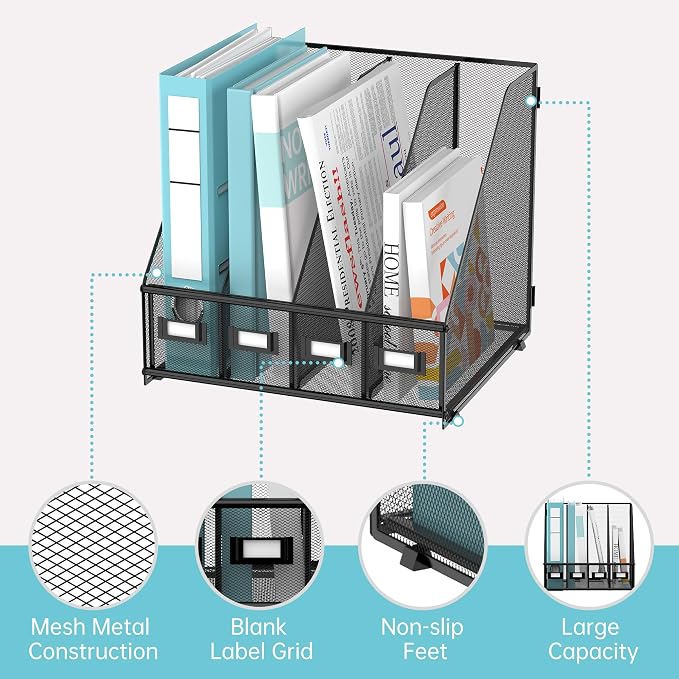 4-Compartment Magazine File Holder and File Organizer for Desk, Black | Metal Magazine Holder and Magazine File Holder, 4-Compartment File Organizer for Binders Folders Magazines and Paper