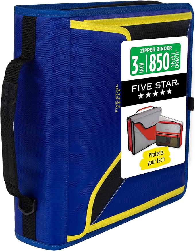 Five Star Zipper Binder, 3-Inch D-Ring Case Binder, 850-Sheet Capacity, Multiple Pockets, Front 5-Tab Expanding File, Removable Padded Case and Shoulder Strap, Cosmic Blast (292960M)