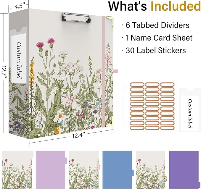 3 Ring Binder 3 Inch, Cute Round Ring Binder with 6 Tab Dividers & Label Stickers, Low Profile Clipboard with Storage, Fashion Binder for School Office Supplies (Garden Flowers)