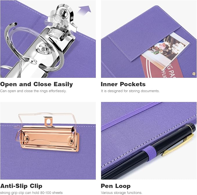 Ospelelf Mini 3 Ring Binder 2 inch Round Ring, 5.5 x 8.5 Purple Clipboard Binders Dividers with Tabs, Linen Binder Organizer for Office, Purple