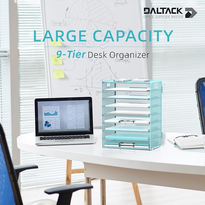 9-Tier Paper Organizer for Desk, Metal Mesh Letter Tray with Handles, Blue | Desk File Organizer with Removable Trays for Sorting Files, Folders, Mail and Printer Paper at Home, School or Office