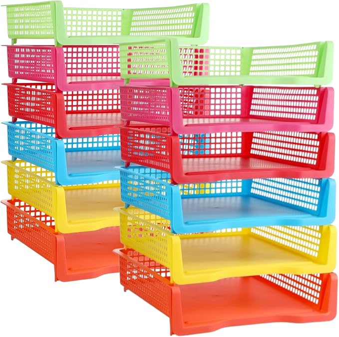 Weysat 12 Pcs Turn in Trays Classroom, Stackable Paper Tray for Classroom Organization Plastic Desk File Organizer Bin Basket for Library Drawer Teacher Office Document Storage (Rainbow,Narrow)