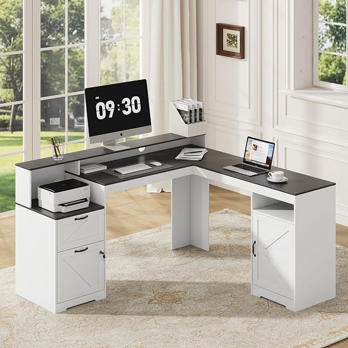 MALOL 63" Farmhouse L Shaped Executive Desk, Corner Computer Desk with Drawers & Storage Shelf, Home Office Desk with Power Outlet, Monitor Stand, Wood Grain Desktop, Black & Rustic Brown