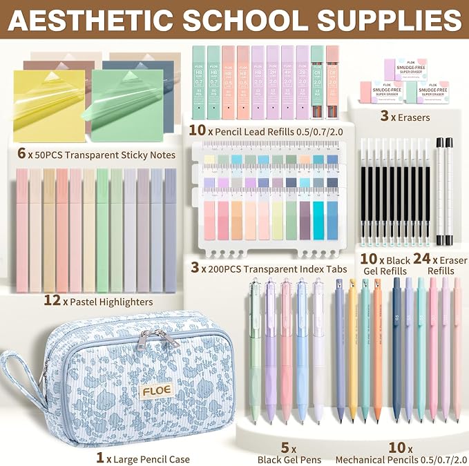 62PCS Aesthetic School Supplies Cute Back to School Supplies Stationary Set | College Preppy Essentials Kit with Large Pencil Pouch Case, Pastel Highlighters Gel Pens Mechanical Pencils for Student Girls