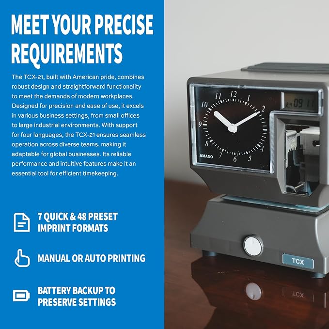 Amano TCX-21 Time Clock for Employees with Analog Clock Face, Easy-to-Read Dial, Time Stamping Machine for Small Business, Made in USA