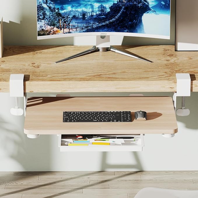 ETHU Keyboard Tray Under Desk, 19.7" X 11.81" Small Size Keyboard Drawer with C Clamp-on Mount Easy to Install, Computer Keyboard Stand Slide Pull Out, Ergonomic Keyboard Tray for Home & Office, Oak