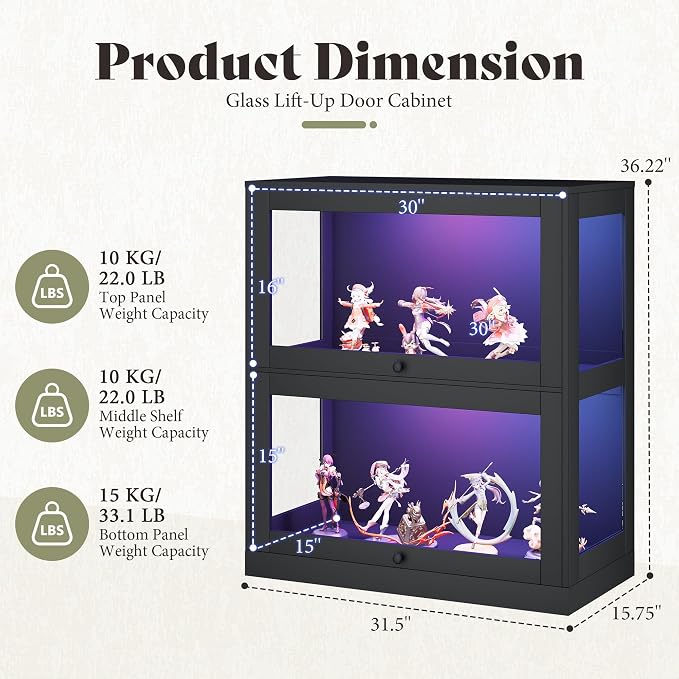 AMERLIFE RGB Display Cabinet, 32 x 16 x 36 Inch | 2-Tier Storage Case with LED Lights and 2 Glass Flip-Up Doors, Black