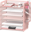 6 Tier Desk Organizer with 4 Pen Holders & Mesh Paper Trays Pink | 6 Tiers Paper Organizer, File Organizer Letter Tray with Handle for A4 Files, Folders, Mail and Office Supplies
