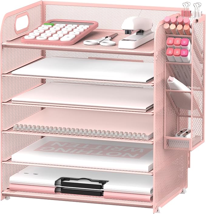 6 Tier Desk Organizer with 4 Pen Holders & Mesh Paper Trays Pink | 6 Tiers Paper Organizer, File Organizer Letter Tray with Handle for A4 Files, Folders, Mail and Office Supplies