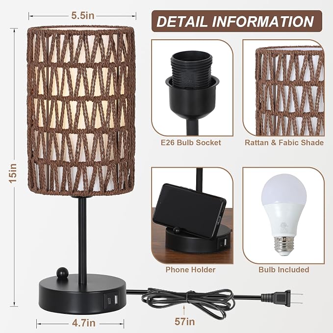 Bedside Lamps Set of 2, Touch Control Night Stand Lamp for Bedroom with Rattan & Linen Shade & Bulbs, 3 Way Dimmable Small Boho Table Lamps with USB Charging Port & Phone Stand (Coffee Color)