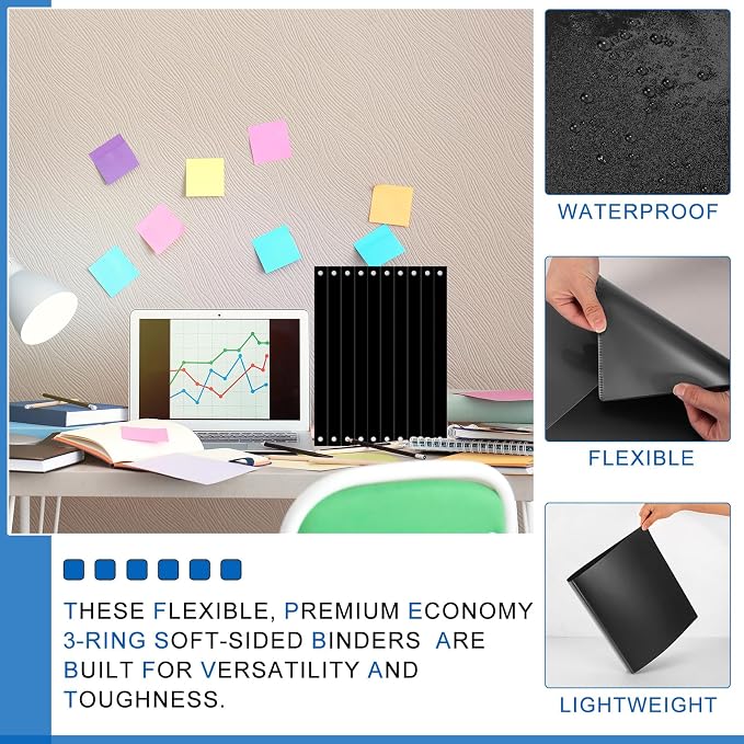 Fulmoon 12 Pcs Economy View 3 Ring Plastic Binder 12.2 x 9.8 Inch Plastic Round Ring Binders with Pockets Notebinder for Meetings for Home, Office, School(Black, 1 Inch)