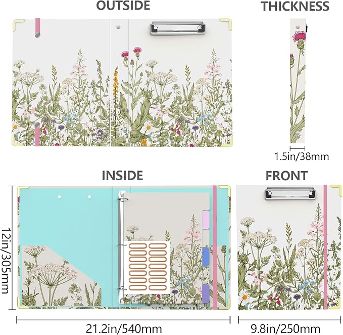 3 Ring Binder 1 Inch, Cute Round Ring Binders with 6 Tab Dividers, Labels Stickers, Low Profile Clipboard with Storage, Fashion Binder School Office Supplies(Garden Flowers)