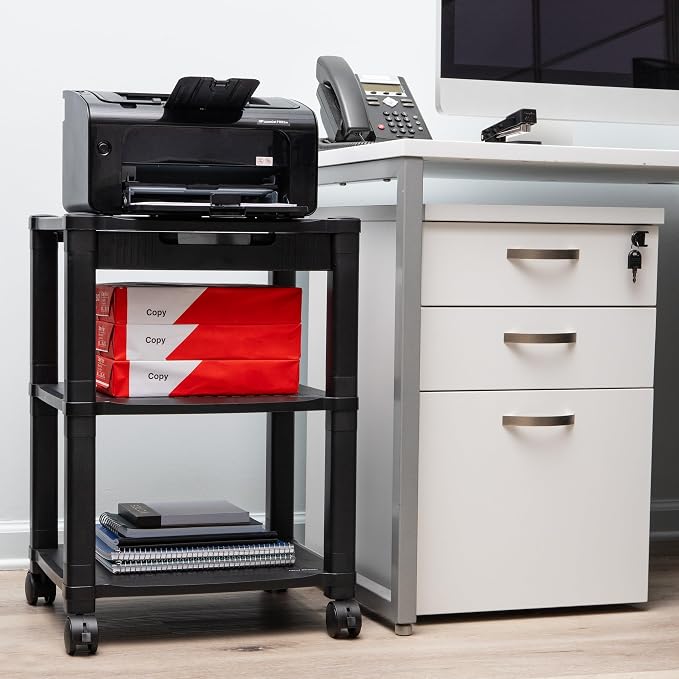 Mind Reader Compact Rolling Printer Cart, Utility Stand with Wheels and Drawer, Space Saving Printer Stand for Home Office, Adjustable 2 or 3 Tier, Black
