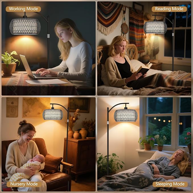 Rattan Floor Lamps for Living Room, Boho Standing Lamps with Grey Rattan& Linen Double Shades, Arc Lamps Floor Standing with 9W Bulb, Foot Switch, Bohemian Floor Lamps for Bedroom, Office-black
