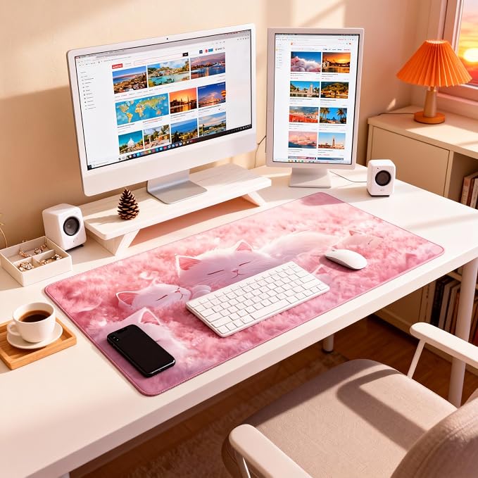 Cute Anime White Cat Gaming Mouse Pad, Pink Dreamy Desk Mat with Anti-Slip Base & Stitched Edges,35.4" x 15.7" in Table Mat for Computer Desktop, Beautiful Workstation Decor