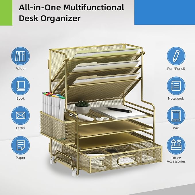 MINDEPOT 4-Tier Paper Organizer + 3-Pocket File Holder + Drawer + Pen Holders, Desktop File Organizers Paper Tray for Office Supplies School Classroom Organization (Gold, with Drawer & Pen Holder)