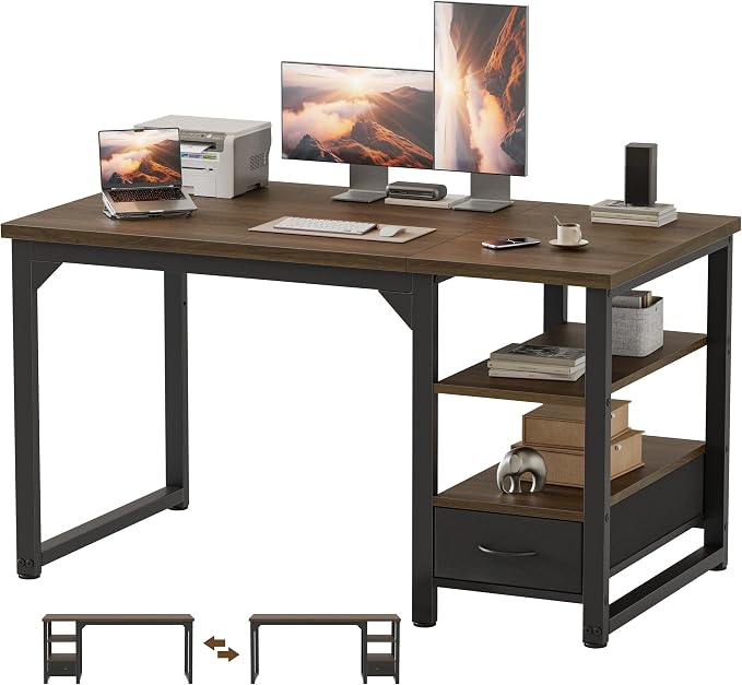 48 in Computer Desk with Drawer, 1" Thick Reversible Office Desk | Modern Writing Table with Storage Shelves, Heavy Duty Industrial Study Desk for Home Bedroom Work