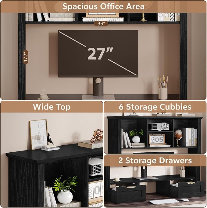 Desk Shelf with Computer Monitor Stand, 37.4''W Desktop Bookshelf | Display Rack, Desktop Organizer Storage Rack with Cubbies & Drawers, 5-Tier Hutch for Home, Office, Dorm, Vanity, Black