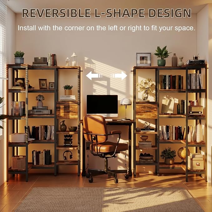 L-Shaped Corner Bookshelf with LED Light Strips & Fabric Drawer, 5-Tier Industrial Convertible Book Shelf Freestanding Display Shelf for Living Room, Home Office, Bedroom (Rustic)