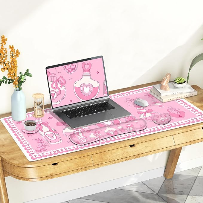 Desk Mat Pad, Gaming Mouse Pad Wrist Support Set, 4 in1 Non-Slip XXL Large Mousepad + Ergonomic Keyboard Wrist Rest+Mouse Wrist Rest+Coaster for Home Office Computer I Pink Kawaii Bow Bottle
