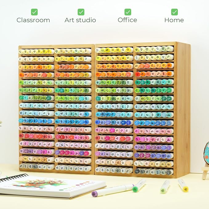 Ohuhu Bamboo Marker Organizer Hold 224 Markers for Honolulu Oahu Series | Markers Pens Pencils Stationary Organizer Holder Desktop Storage with 32 Compartments for Classroom Office Decor Home