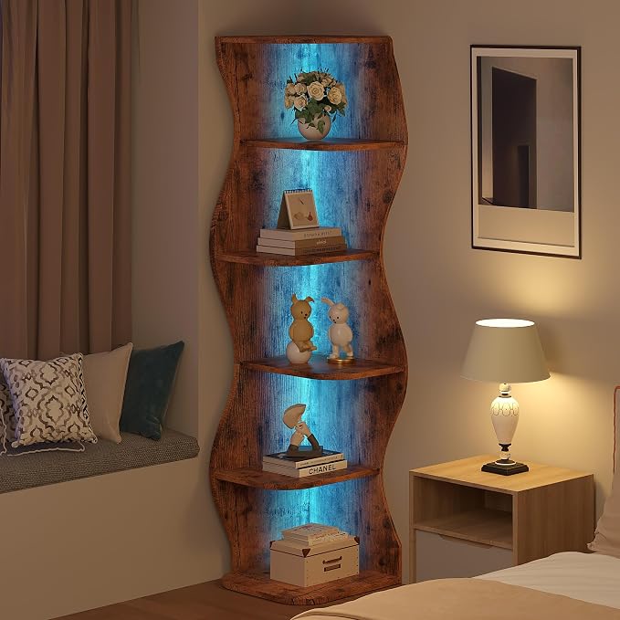 VECELO 6-Tier Wave Corner Bookcase with LED Lights, 90° Right-Angle Tall Narrow Bookshelf, Wooden Corner Display Stand Storage Shelf for Small Spaces, Living Room, Bedroom, Home Office (Brown)